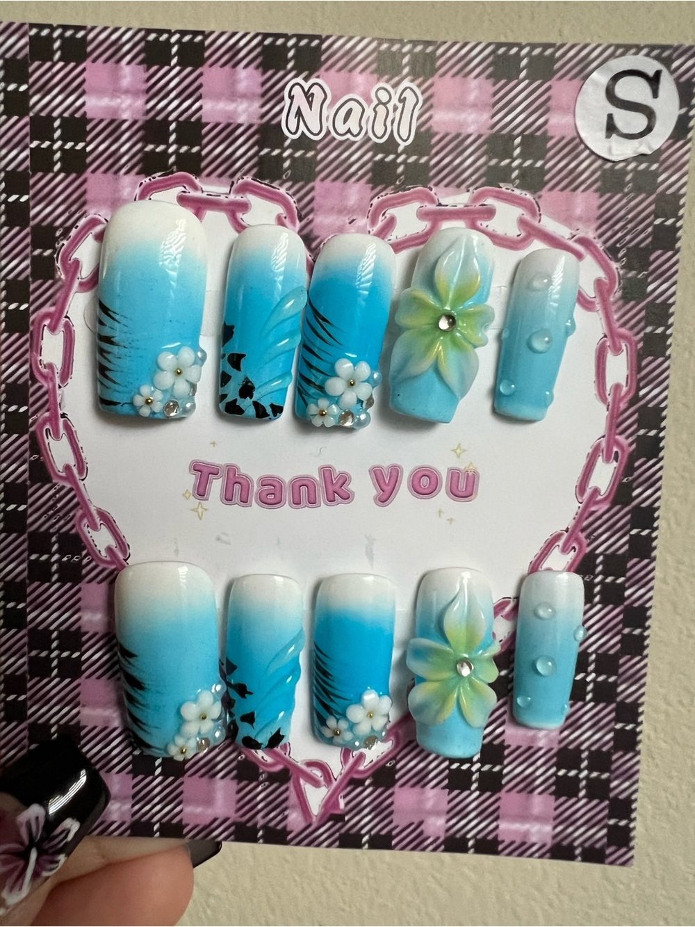 Hand Painted Press on Nails Tropical Blue Vacation Size Small Set of 10